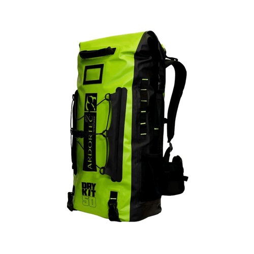 Two Arbortec DryKit Python climbing rucksacks, one in green and one in blue, with black straps and additional external pockets.