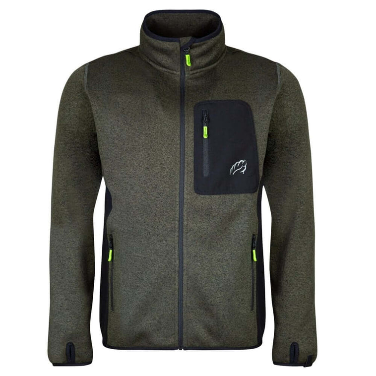 Kudu Plus Mélange Knitted Jacket in green, perfect for tree surgeons and everyday wear, featuring zip front and breathable fabric.