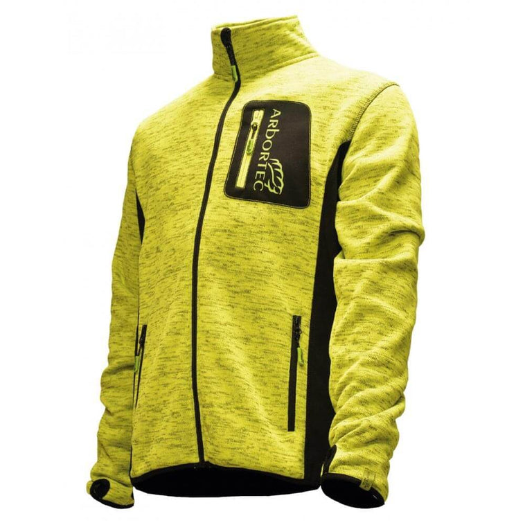 Kudu Plus Mélange Knitted Jacket by Arbortec, designed for tree surgeons, featuring a zip front and vibrant yellow fabric.