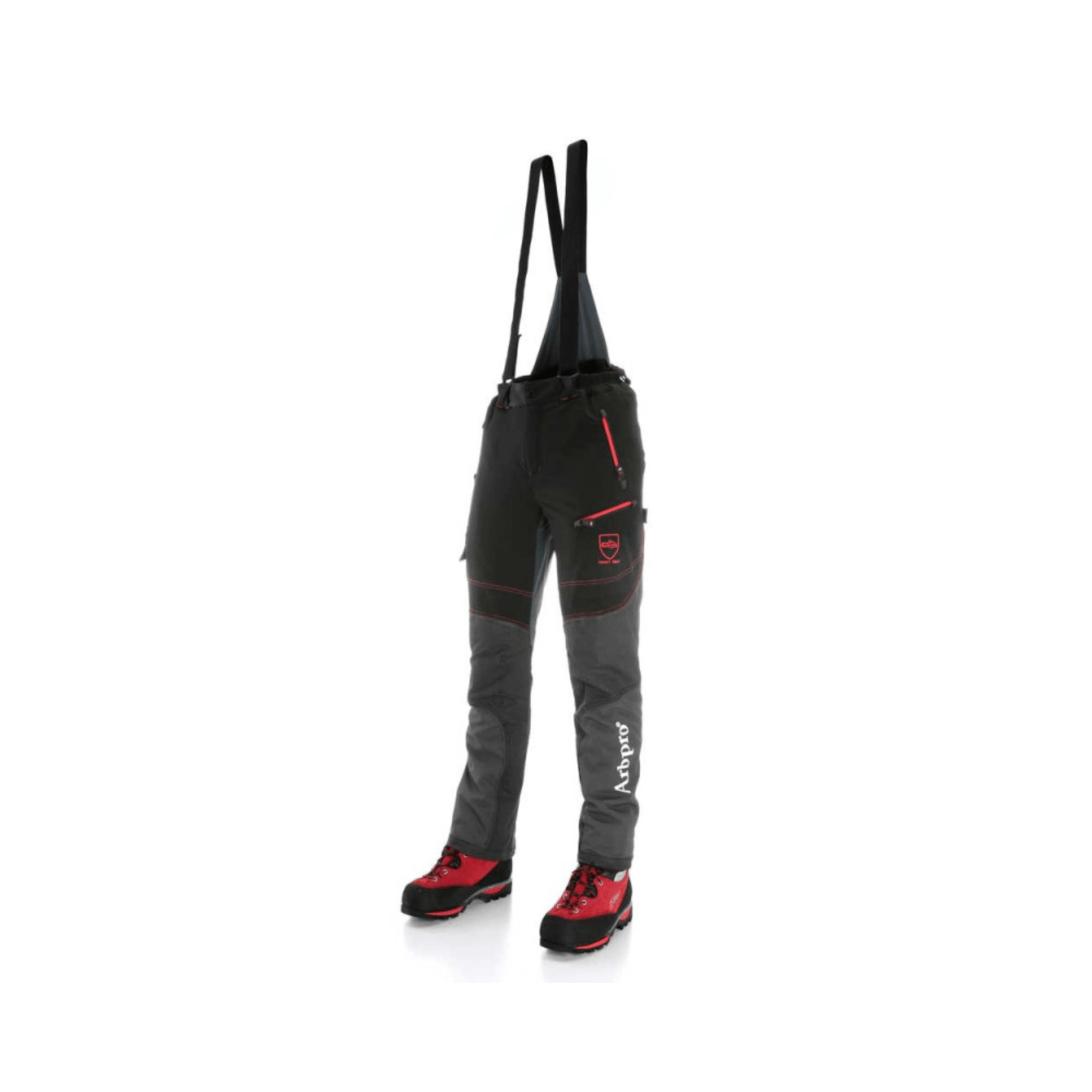 Climbtech Gamma Chainsaw Trousers Black Type A displayed with red accessories, ideal for tree surgeons.