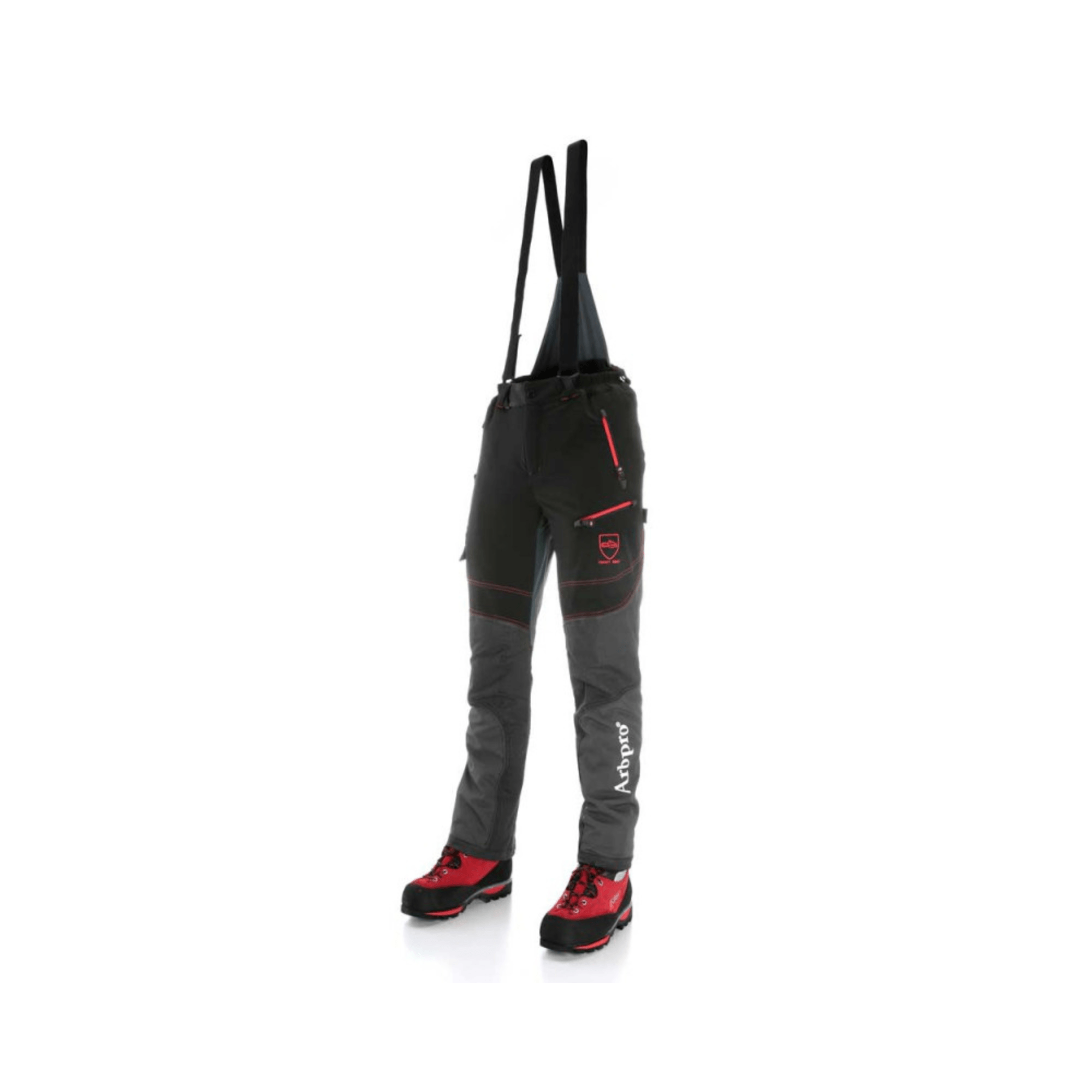 Climbtech Gamma Chainsaw Trousers Black Type A displayed with red accessories, ideal for tree surgeons.