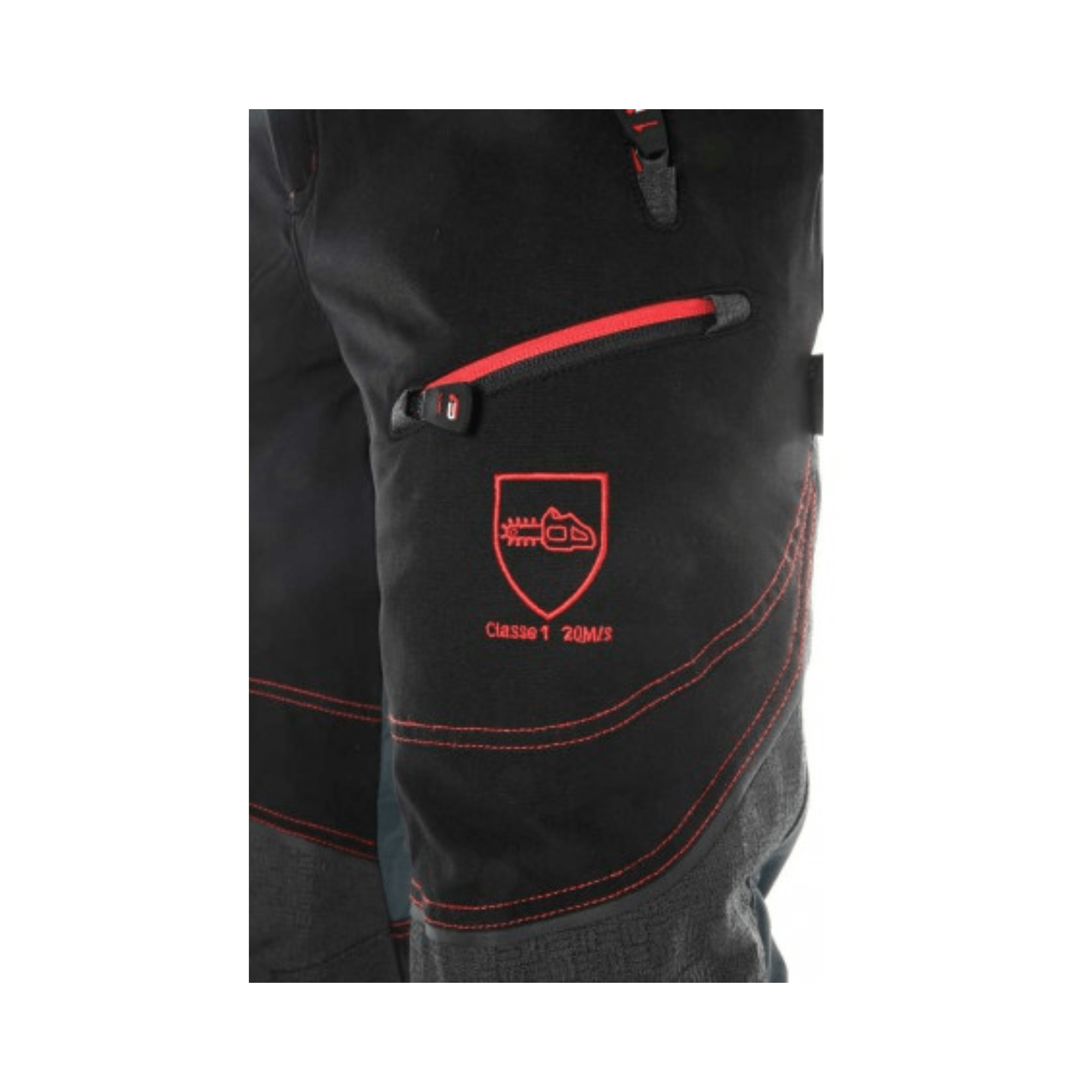 Climbtech Gamma Chainsaw Trousers Black Type A close-up showing protective features and details.