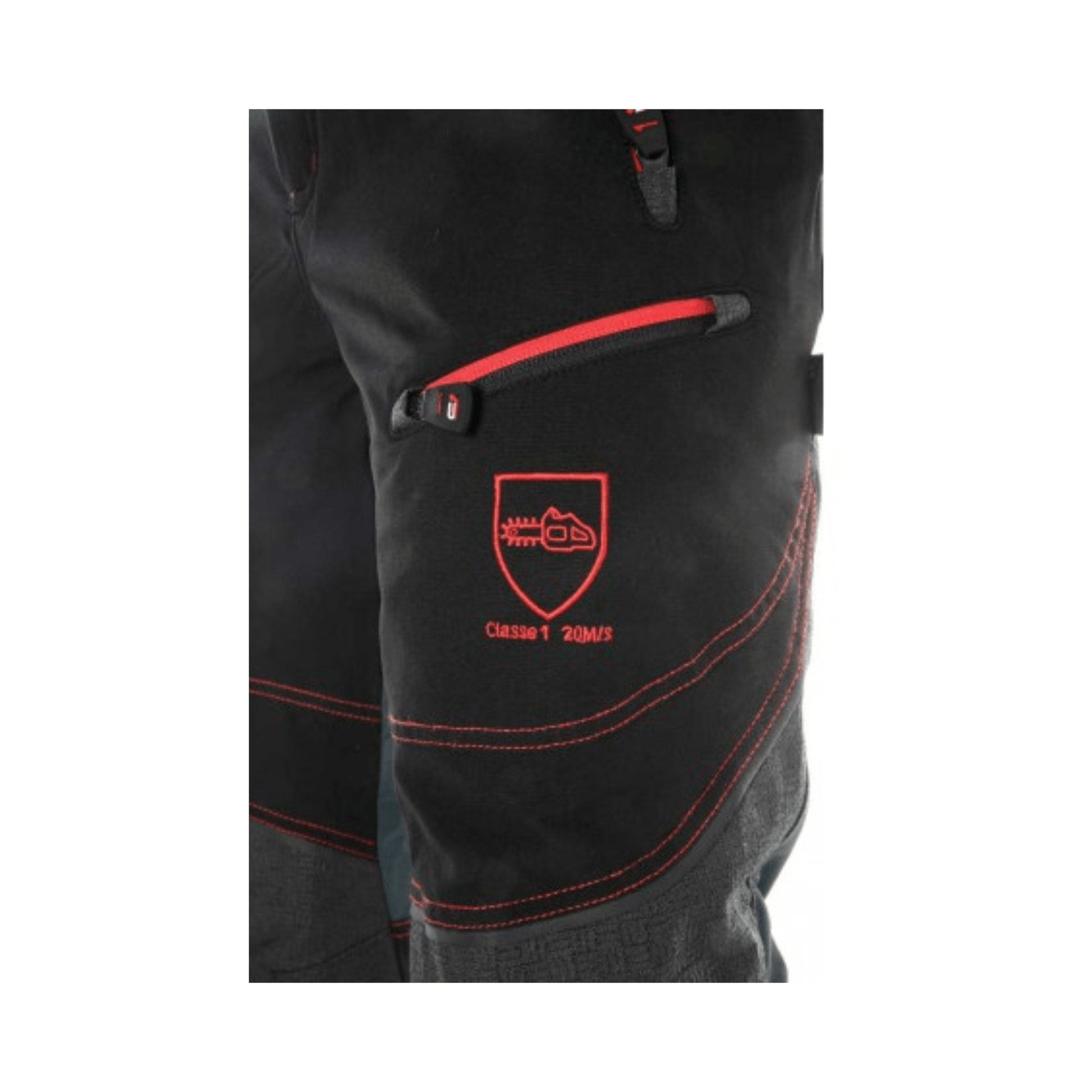 Climbtech Gamma Chainsaw Trousers Black Type A close-up showing protective features and details.