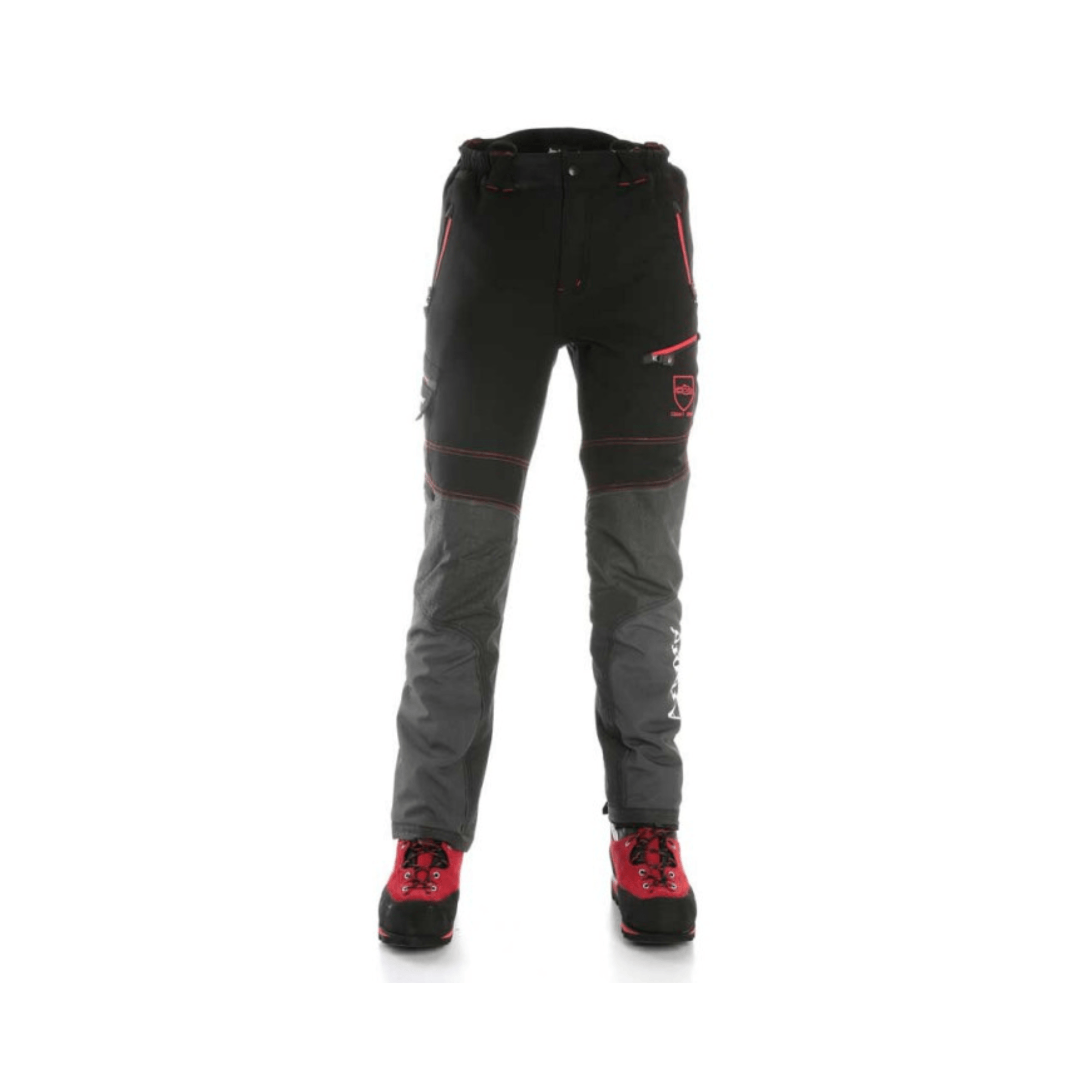 Climbtech Gamma Chainsaw Trousers Black Type A for tree surgeons, featuring a slim fit and high-quality materials.
