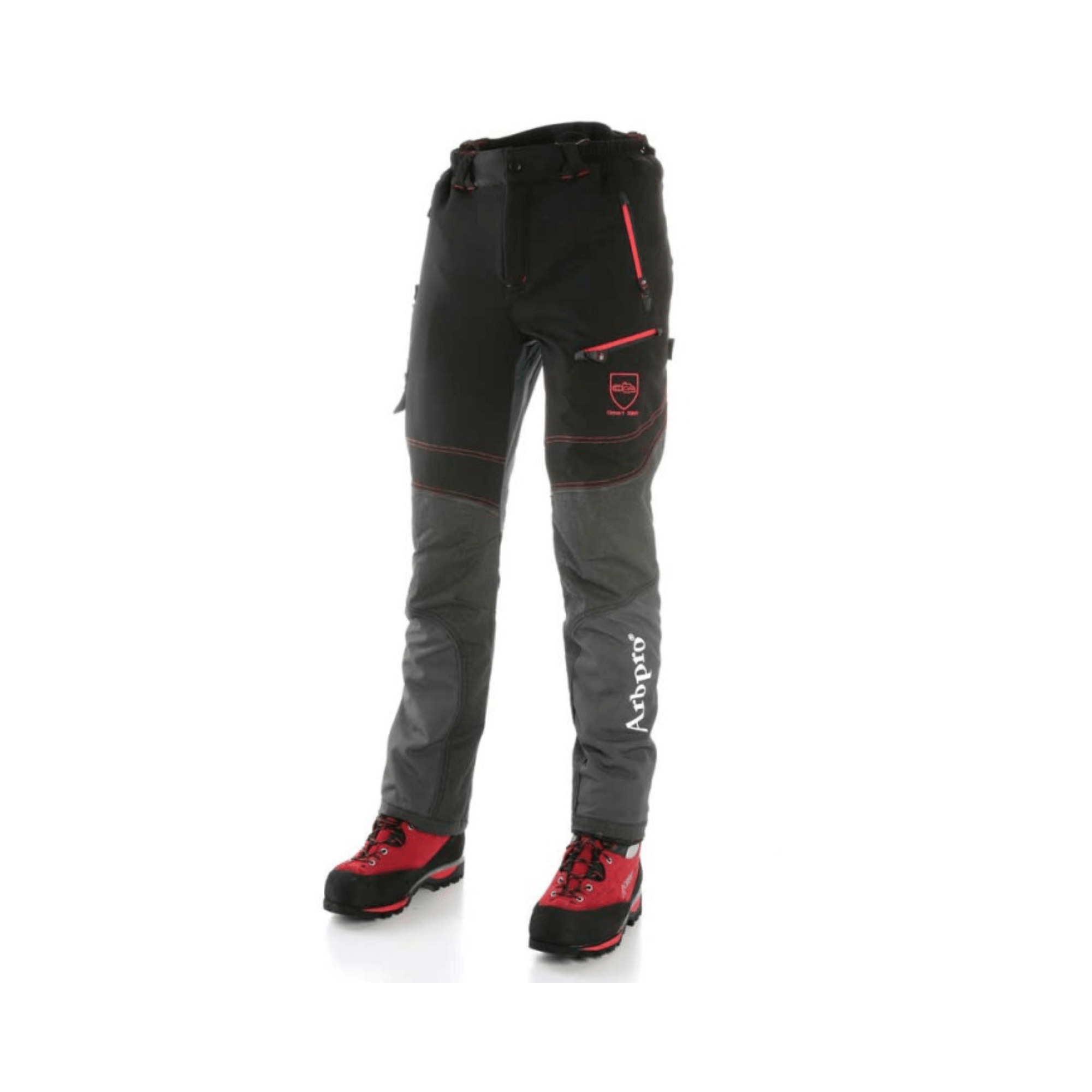 Climbtech Gamma Chainsaw Trousers Black Type A with red accents, ideal for tree surgeons and arborists.