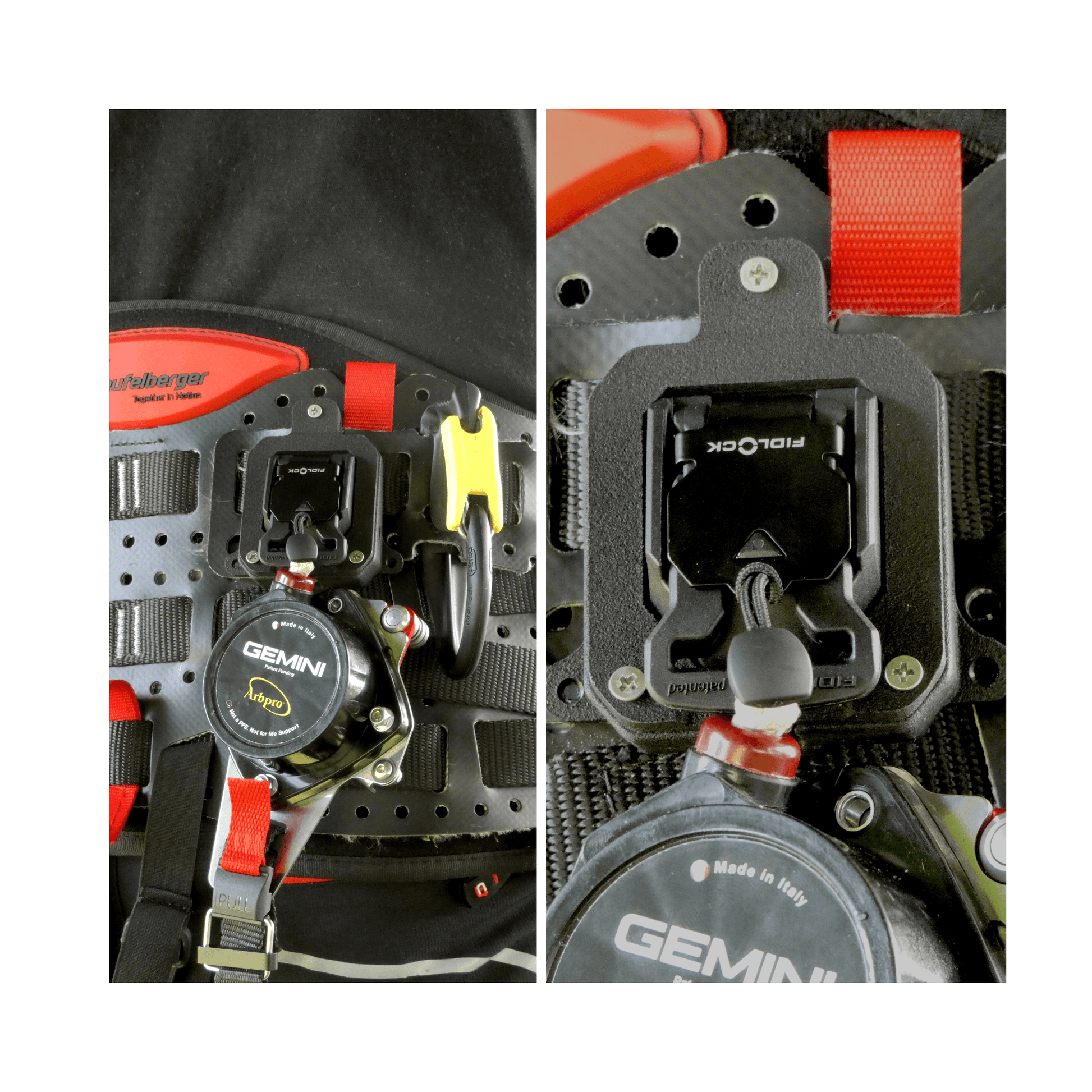 Gemini Knee Ascender Deluxe Harness Storage mounted on a harness for secure, tool-free engagement and release.