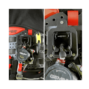 Gemini Knee Ascender Deluxe Harness Storage mounted on a harness for secure, tool-free engagement and release.