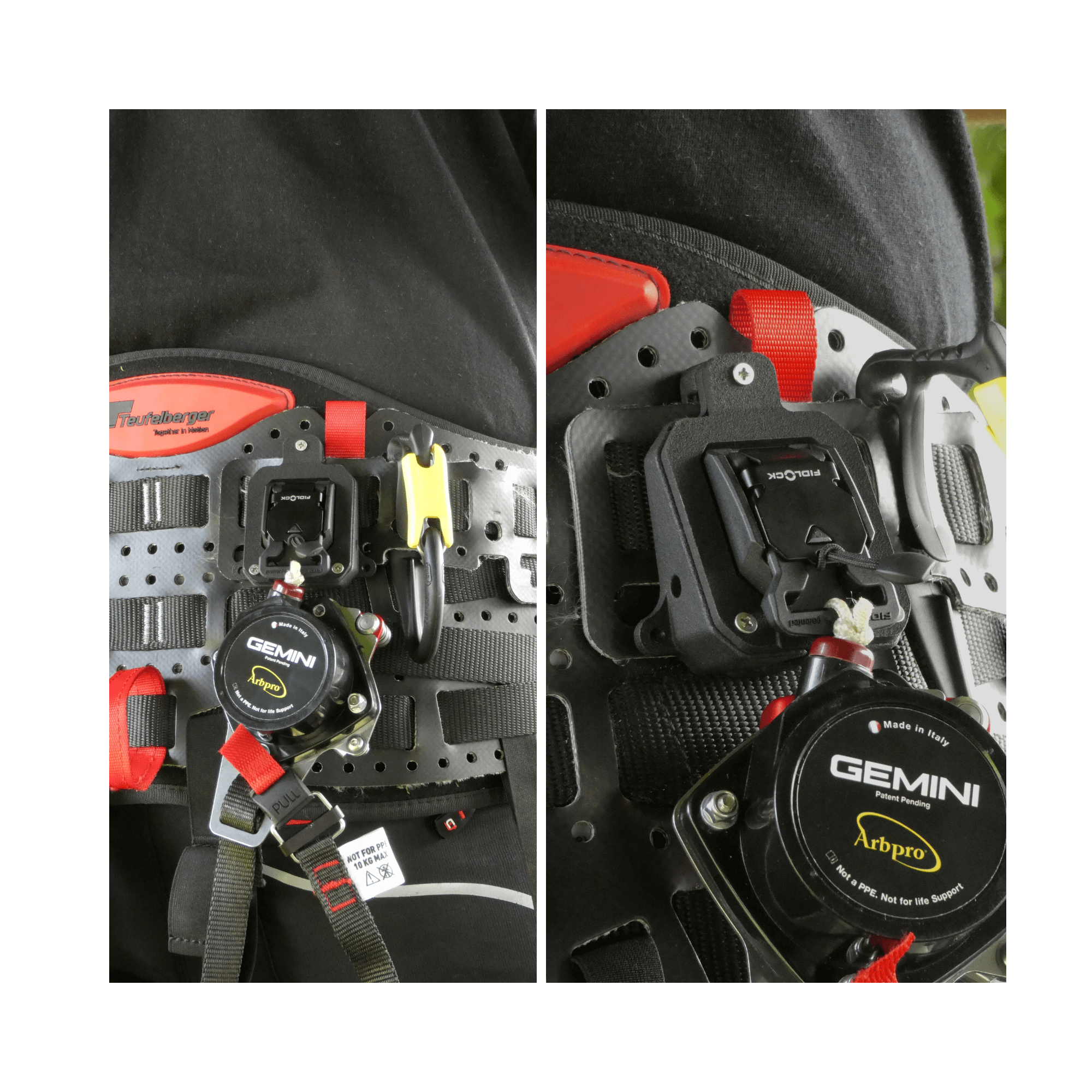 Gemini Knee Ascender Deluxe Harness Storage featuring Arbpro Magnetic Deluxe Harness Holder on a harness.