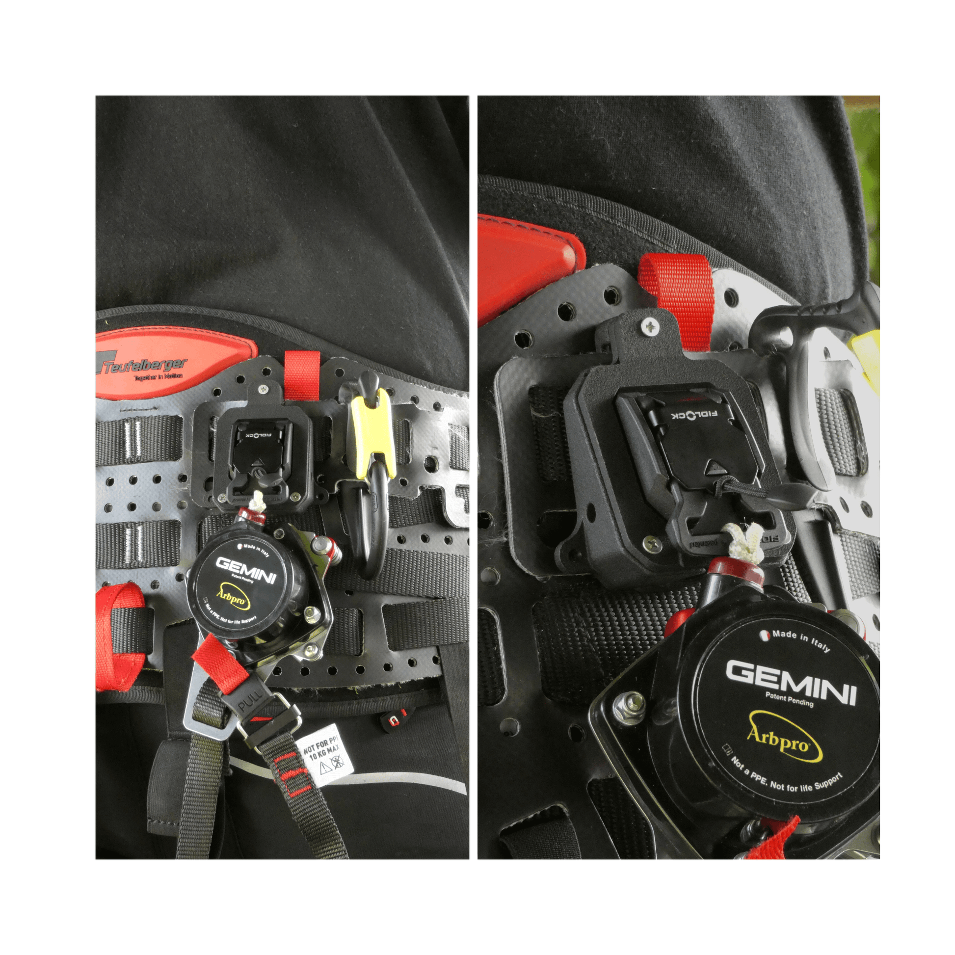 Gemini Knee Ascender Deluxe Harness Storage featuring Arbpro Magnetic Deluxe Harness Holder on a harness.