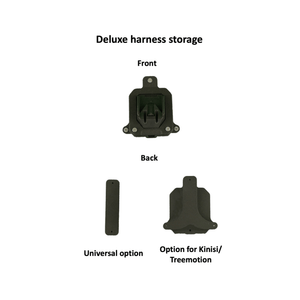 Gemini Knee Ascender Deluxe Harness Storage showing front and back views, including universal option and Kinisi/Treemotion compatibility.