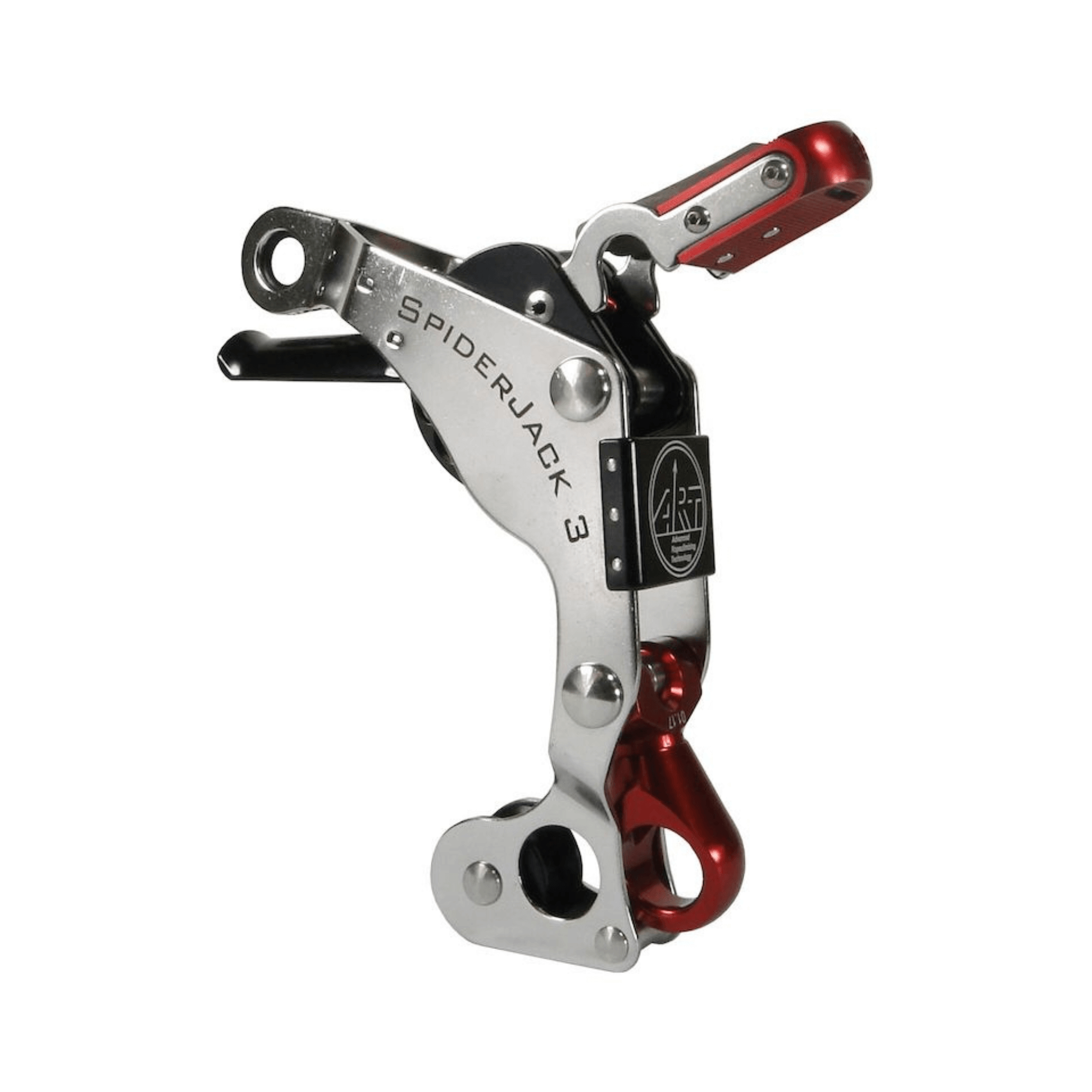 SpiderJack 3 mechanical device with red and silver design on a white background