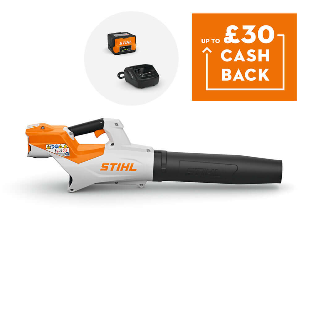 BGA 50 Cordless Leaf Blower by STIHL with cashback offer up to £30 displayed.