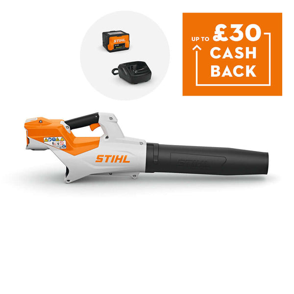 BGA 50 Cordless Leaf Blower by STIHL with cashback offer up to £30 displayed.
