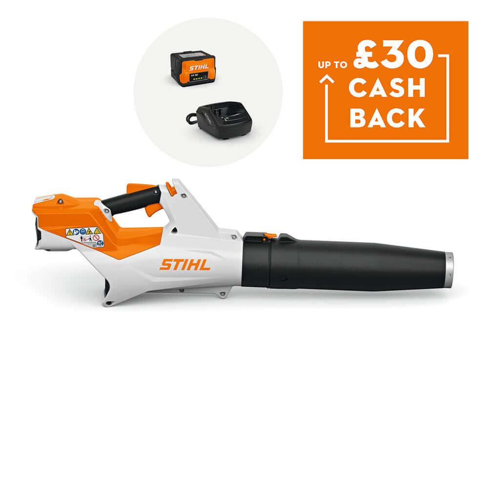 BGA 60 Cordless Leaf Blower with accessory cashback promotion on white background.