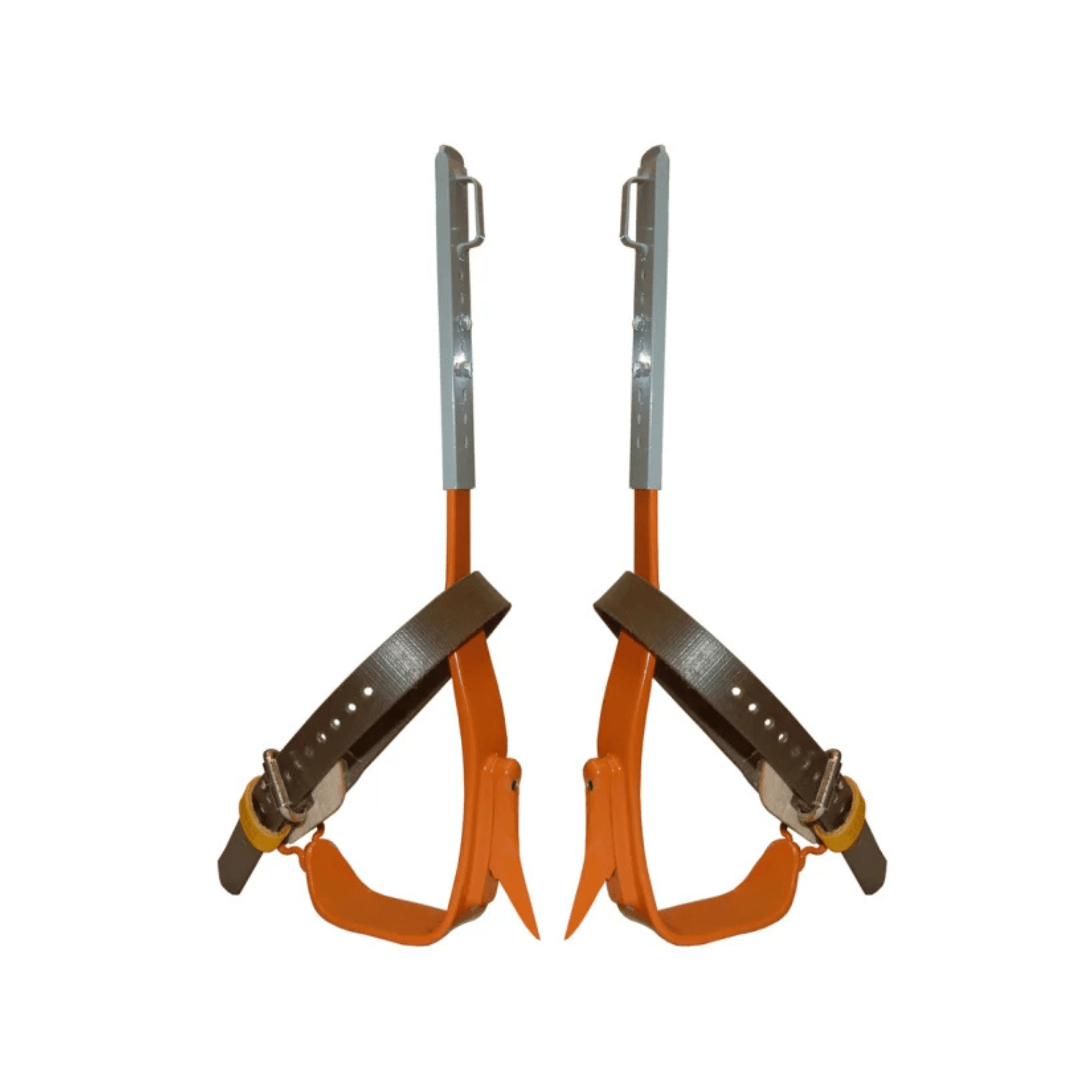 Twisted Shank Tree Climbing Spikes featuring durable steel design, orange straps, and adjustable padding for comfort.