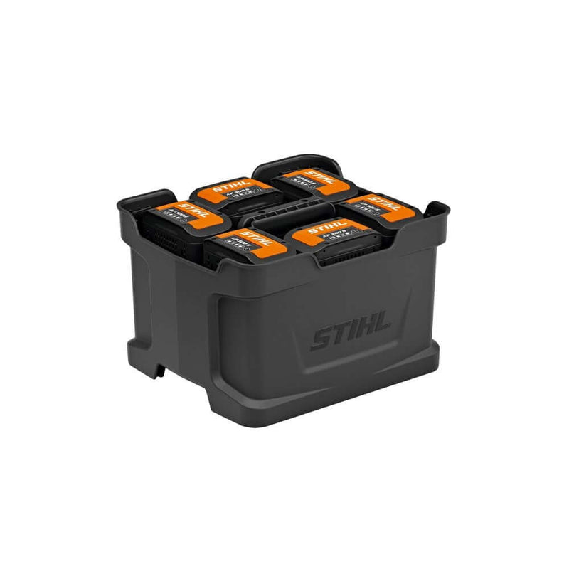 STIHL Battery Carrier holding six AP batteries, ideal for tree surgeons to transport and store batteries safely.