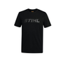 Black STIHL logo t-shirt featuring a sleek shiny logo, perfect for tree surgeons and outdoor enthusiasts.