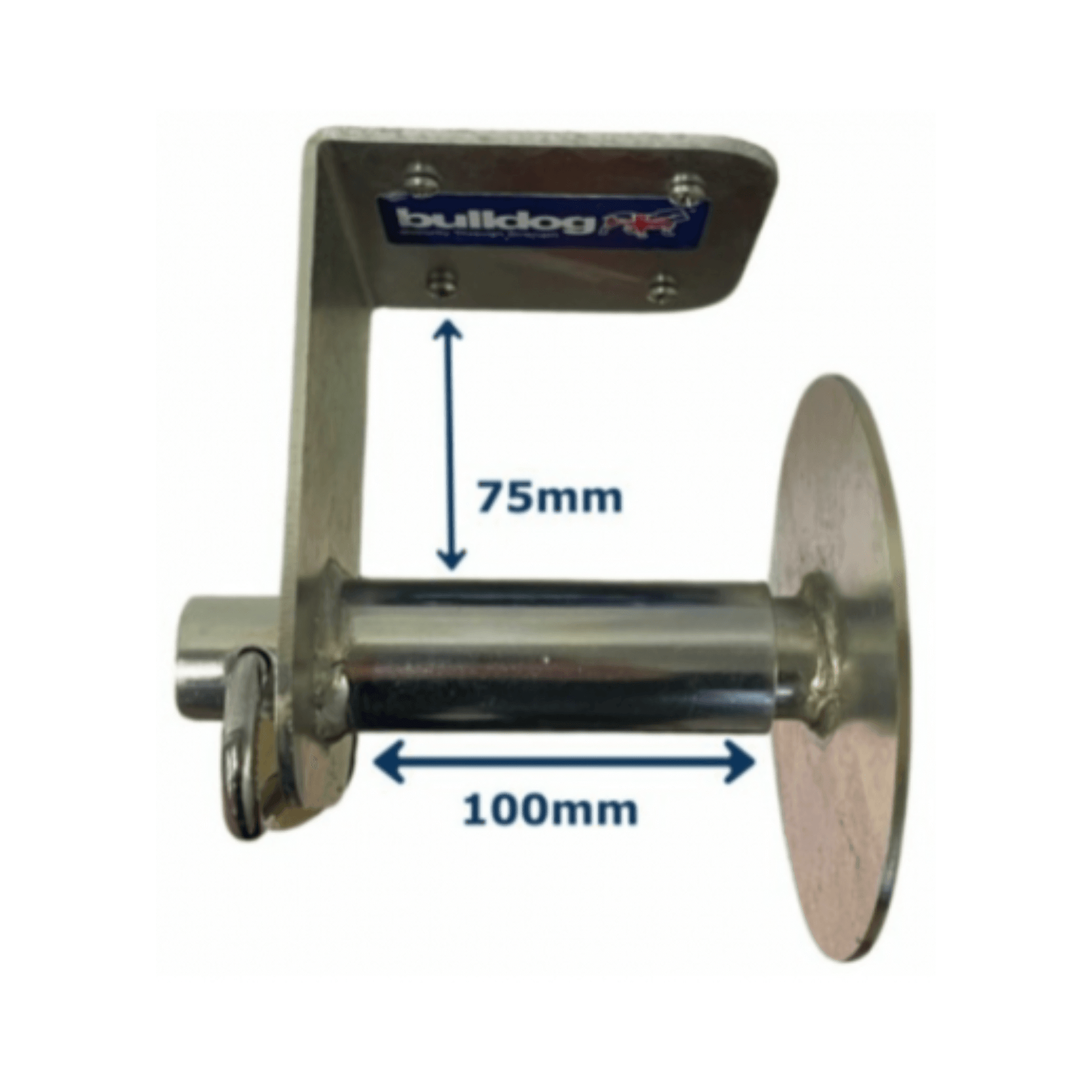 Bulldog TL50 Chainsaw Tool Lock side view with measurements of 75mm and 100mm for secure tool protection.
