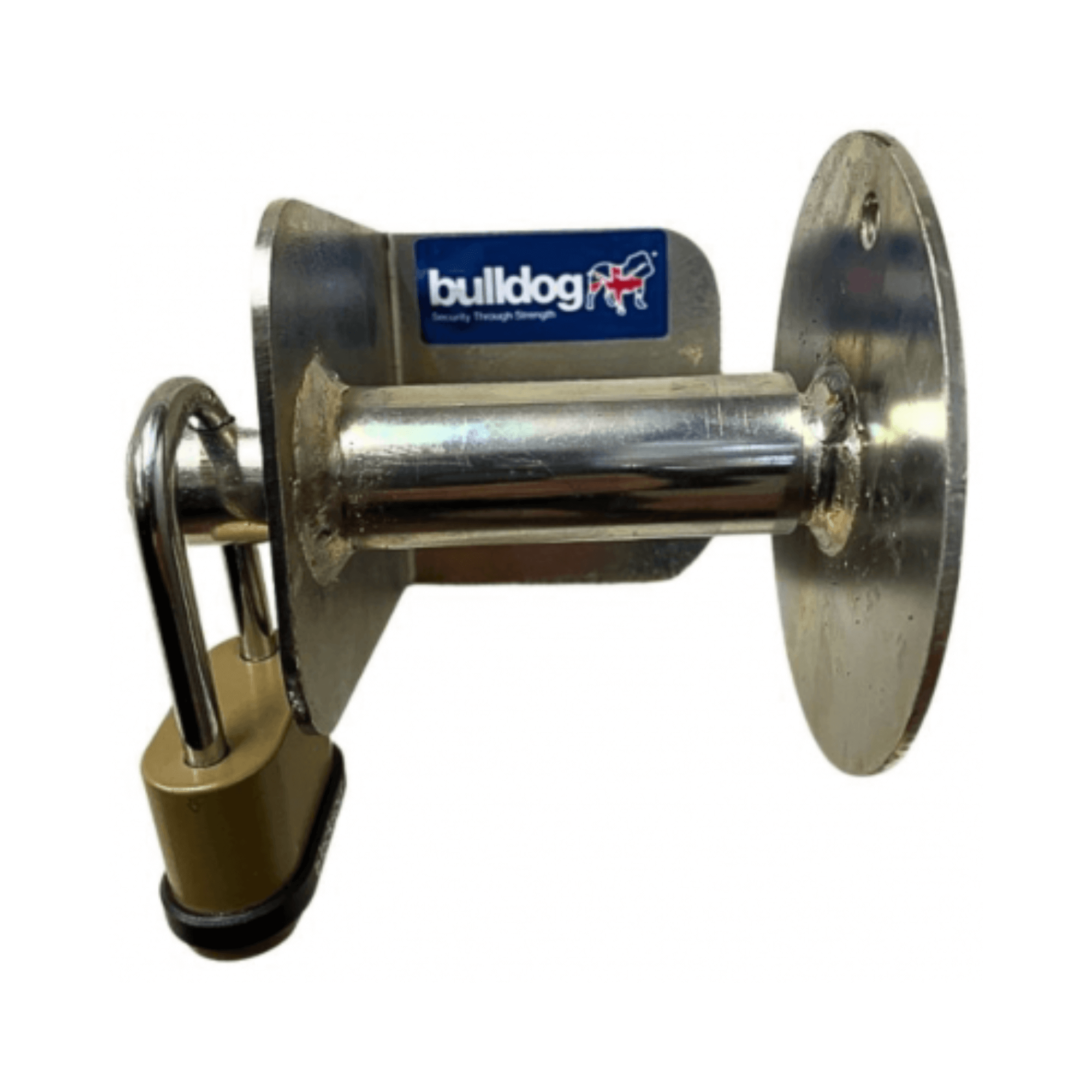 Bulldog TL50 Chainsaw Tool Lock shown with a secure padlock, designed for robust tool protection.
