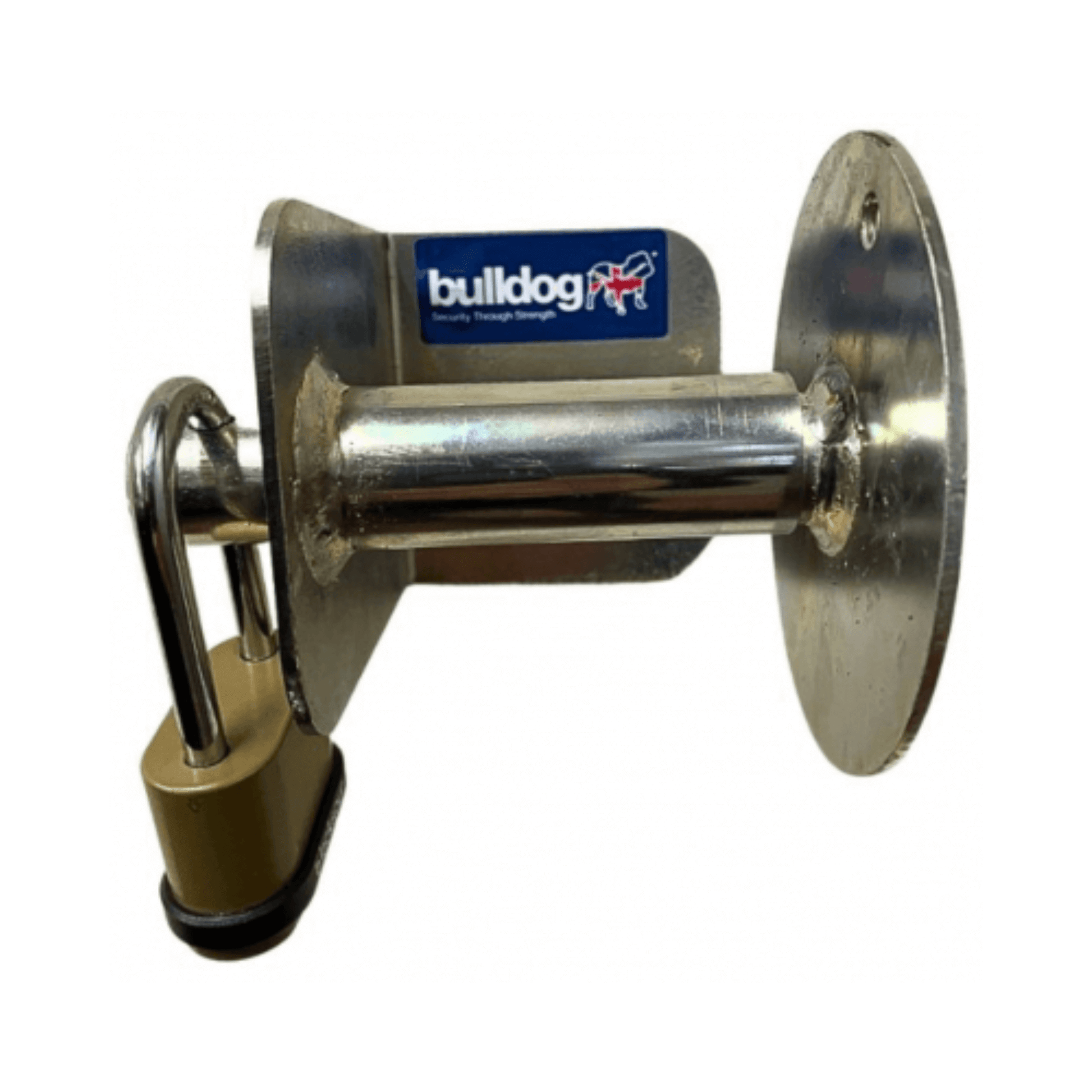 Bulldog TL50 Chainsaw Tool Lock shown with a secure padlock, designed for robust tool protection.