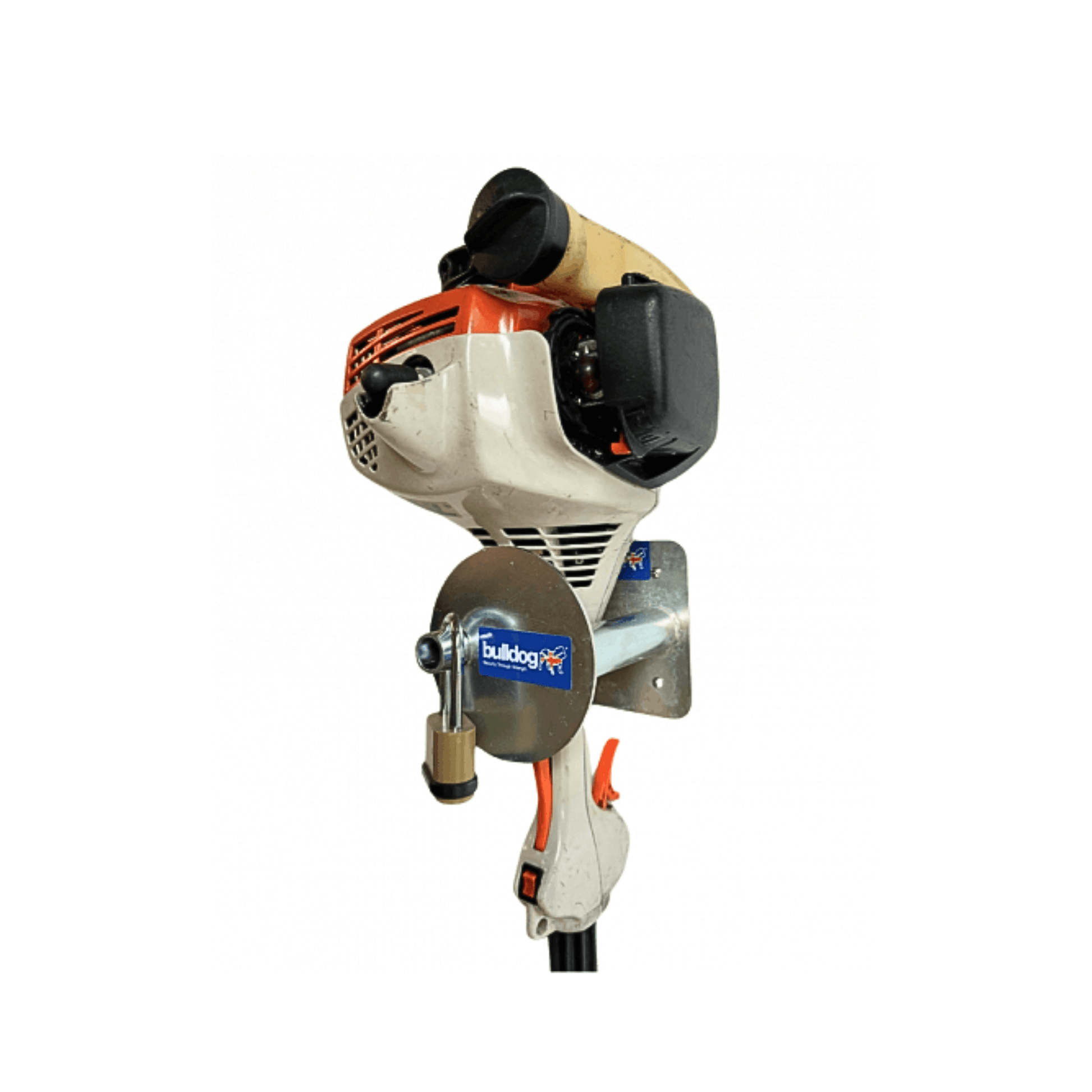 TL52 Strimmers Tool Lock securely holding a Bulldog strimmer, ideal for landscaping professionals.