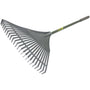 Bulldog 23-tine plastic lawn rake, 54-inch handle. Used for gathering leaves and debris. Grey tines, green plastic handle