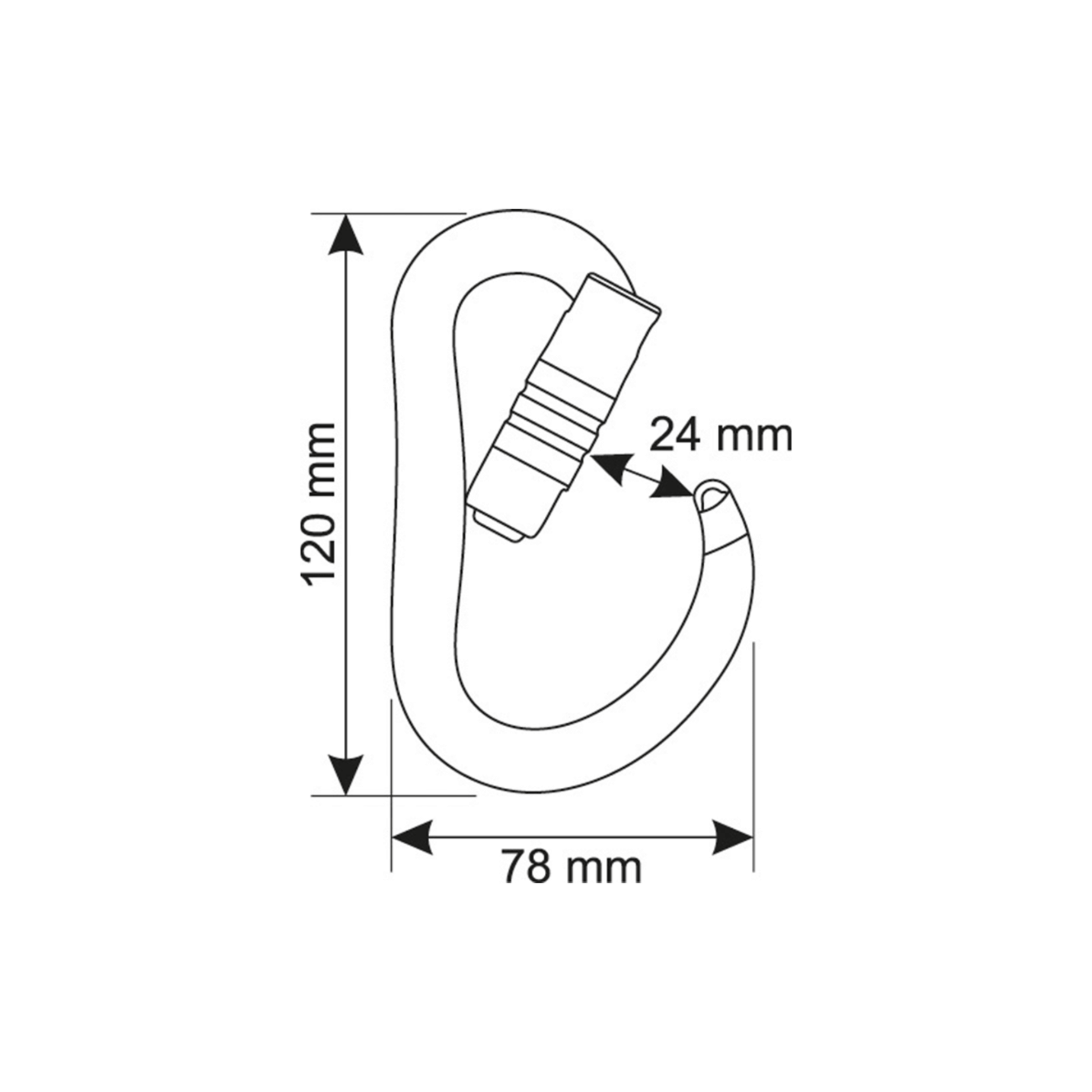 Diagram showing dimensions of ATOM 3Lock Carabiner, measuring 120 mm by 78 mm with a 24 mm gate.