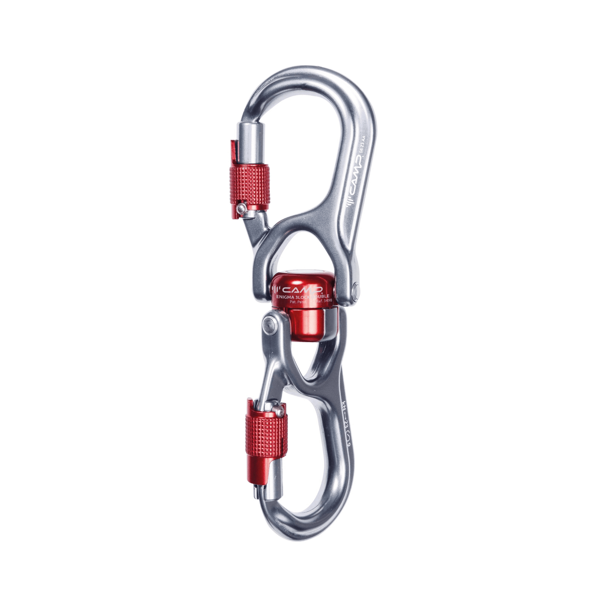 ENIGMA 3LOCK Swivel Silver carabiner with integrated swivel and triple-lock mechanism.