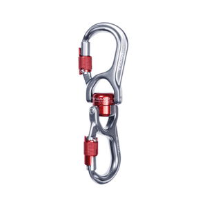 ENIGMA 3LOCK Swivel Silver carabiner with integrated swivel and triple-lock mechanism.