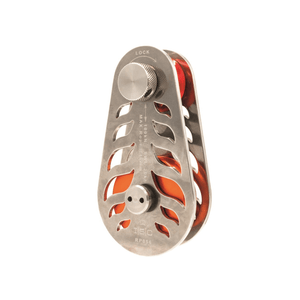 ISC Flame Rigging Pulley 16mm with stainless steel design and bright orange wheels for high-performance rigging.