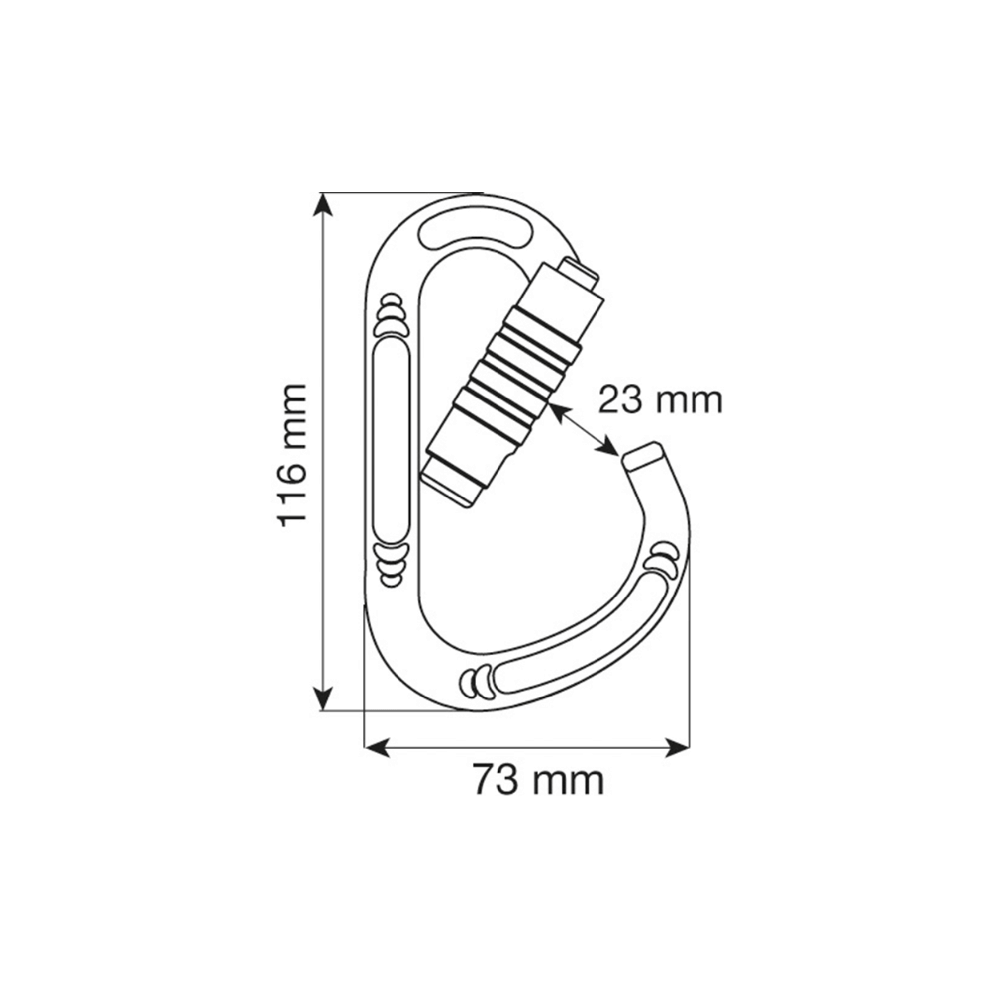 HMS 3LOCK Carabiner dimensions diagram showing height of 116 mm and width of 73 mm.