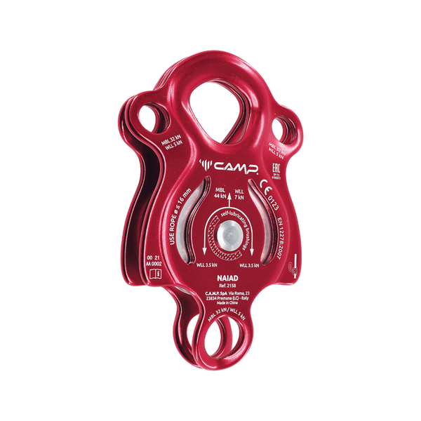 NAIAD Pulley 16mm – C.A.M.P. heavy-duty red pulley for ropes up to 16 mm, ideal for arborists and rigging contractors.