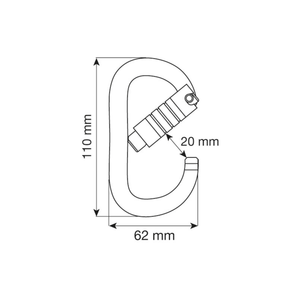 OVAL XL 3LOCK Aluminium Carabiner dimensions diagram with measurements 110mm x 62mm x 20mm.
