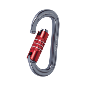 OVAL XL 3LOCK Aluminium Carabiner with red locking mechanism and grey finish, ideal for professional use at height.