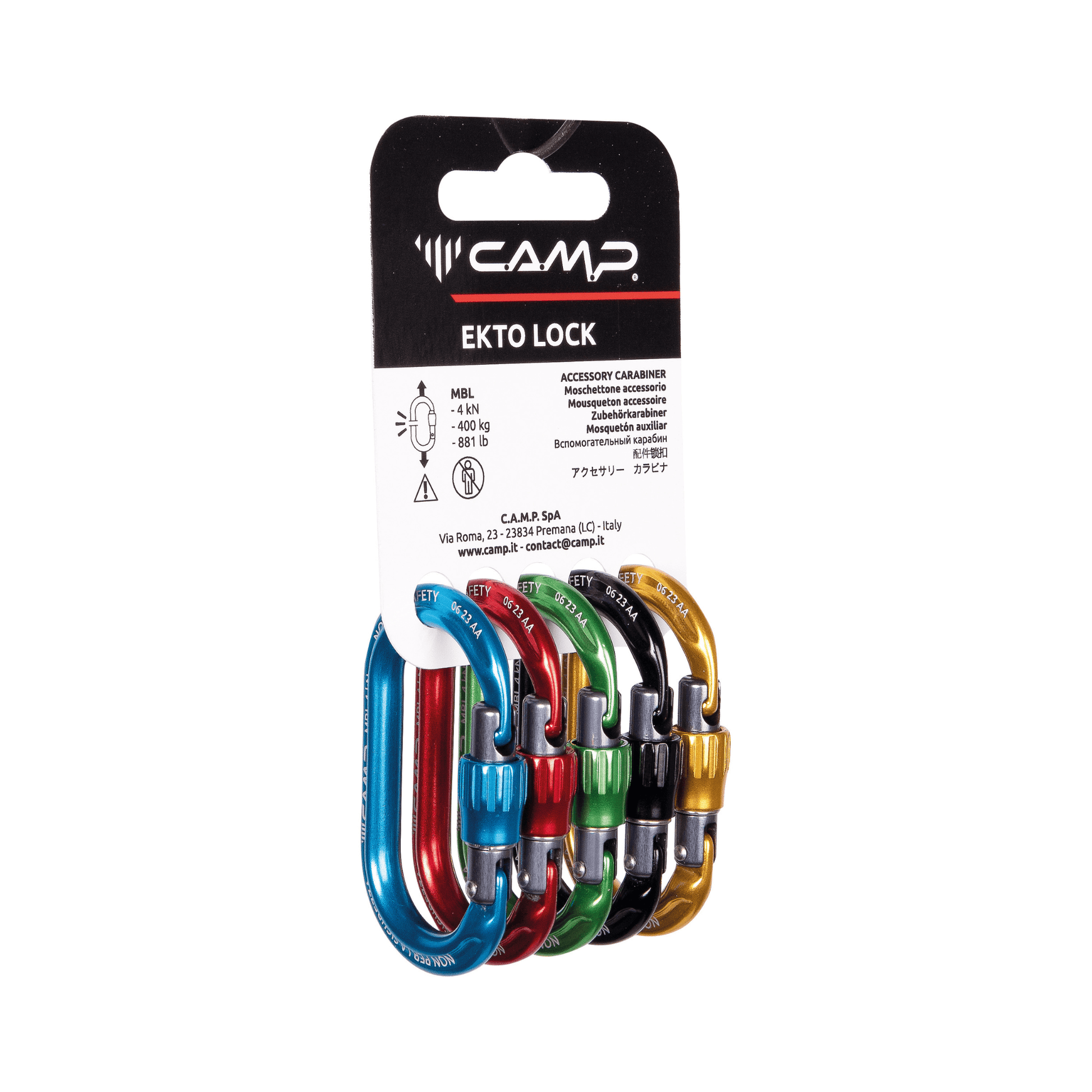 RACK PACK EKTO LOCK Accessory Carabiner 5 Pack featuring five color-coded aluminium carabiners for gear attachment.