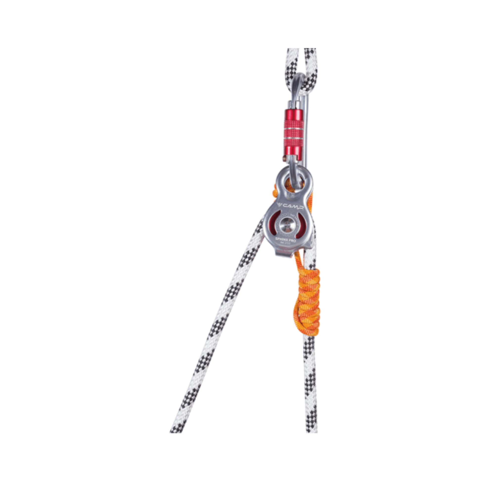 SPHINX Pulley 13mm attached to a climbing rope, featuring a lightweight design for arborists and rope-access technicians.