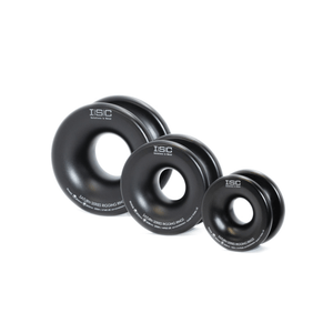 ISC Saturn Series Rigging Rings in three sizes, designed for tree-rigging professionals and rope-access technicians.