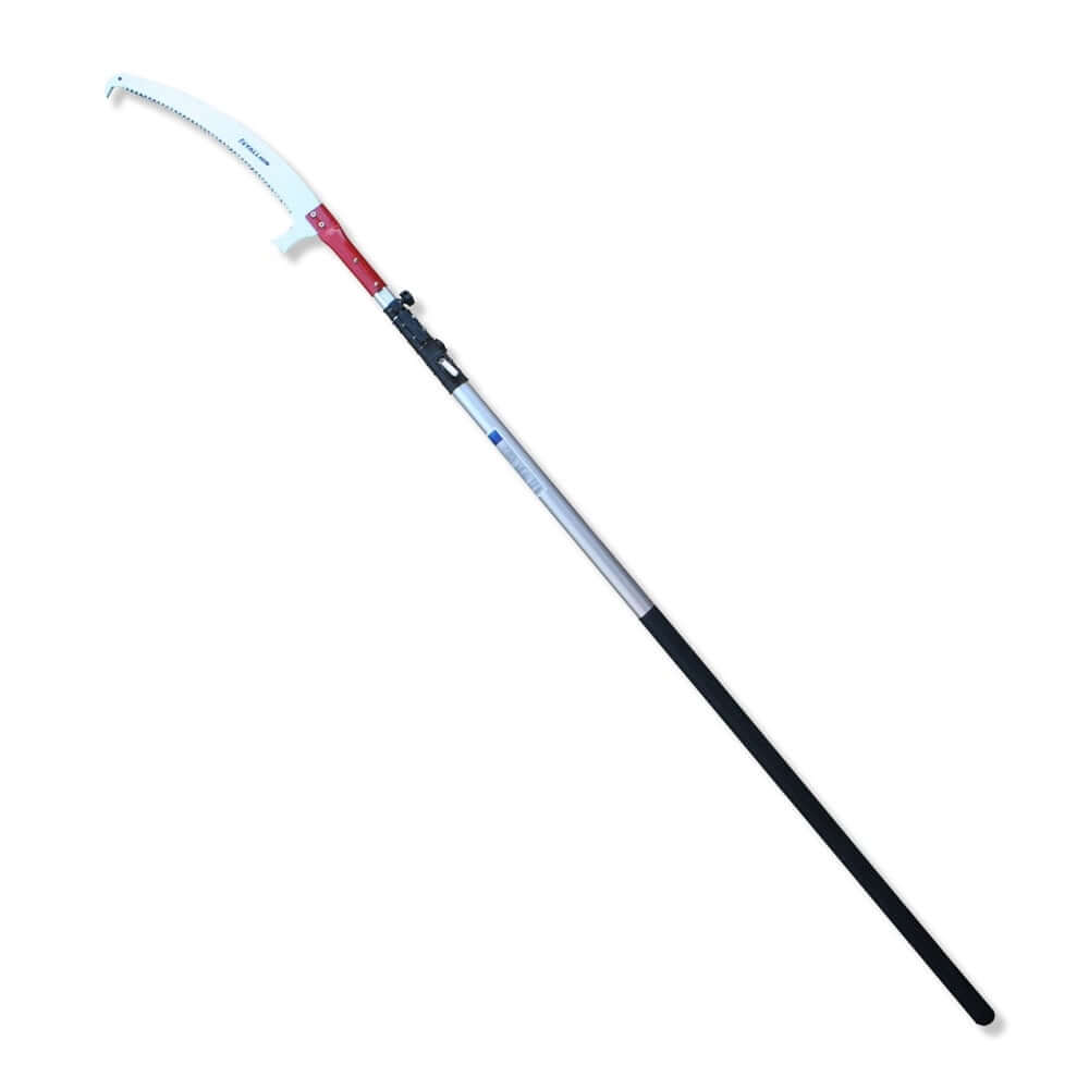 Stallion Tree Pruner Pole Saw with curved high-carbon steel blade for tree surgeons and arborists, telescopic design for height adjustment.