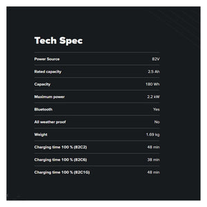 Technical specifications for CRAMER 82V 2.5Ah lithium-ion battery, including power source, capacity, and Bluetooth features.
