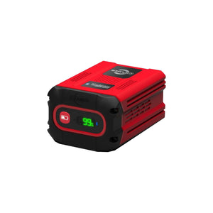 A red Cramer 82v 2.5ah lithium-ion battery with a digital display showing the power level at 99%.
