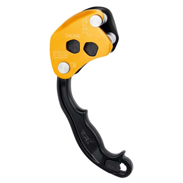 A Petzl Chicane additional brake for ZigZag mechanical Prusik, with yellow body and black handle.