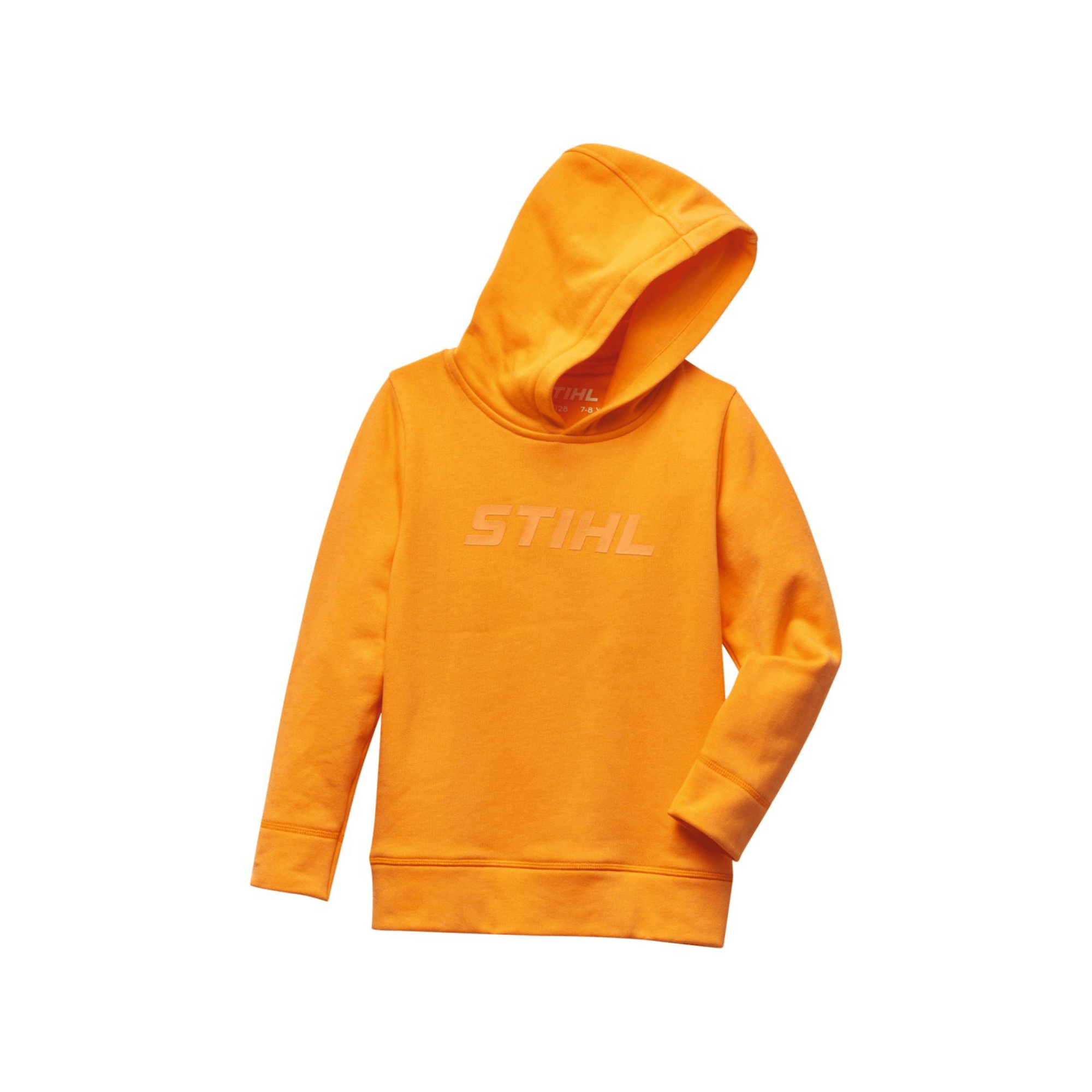 Childrens Orange STIHL Hoodie for outdoor adventures and gardening, made from soft, durable fabric.