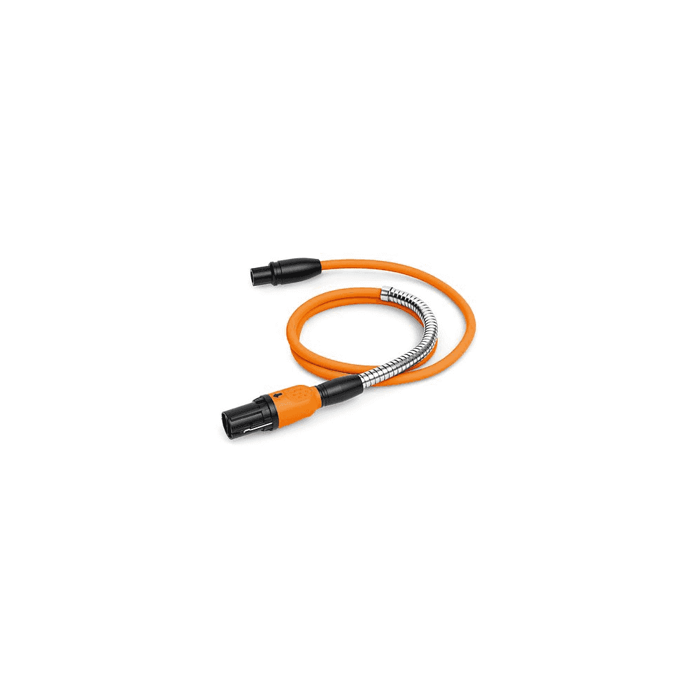 An orange Stihl connecting cable for backpack batteries, with black connectors on both ends.