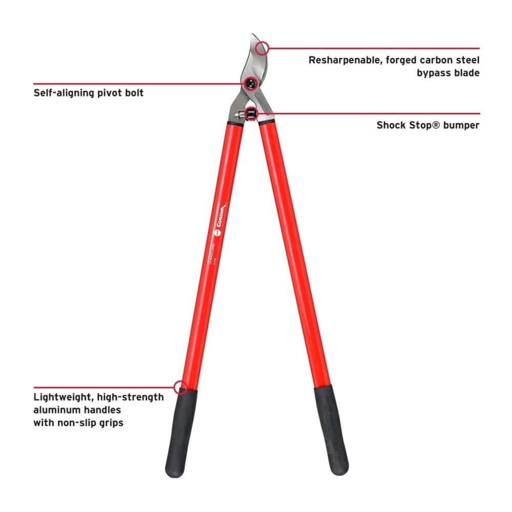 Close-up of Corona Forged Bypass Pruning Loppers with features labeled: pivot bolt, blade, and handles.