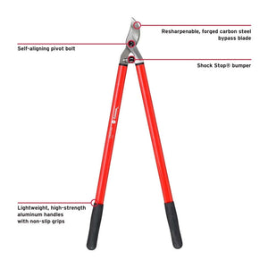 Close-up of Corona Forged Bypass Pruning Loppers with features labeled: pivot bolt, blade, and handles.
