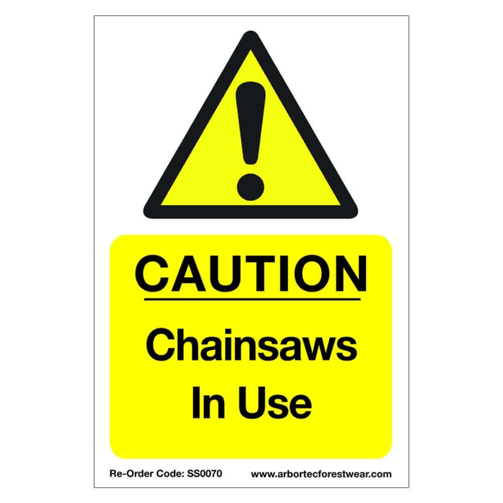 Correx safety sign warning "Caution Chainsaws In Use" for tree surgeons, promoting workplace safety.