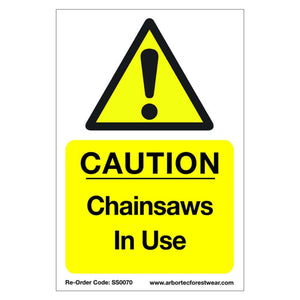 Correx safety sign warning "Caution Chainsaws In Use" for tree surgeons, promoting workplace safety.