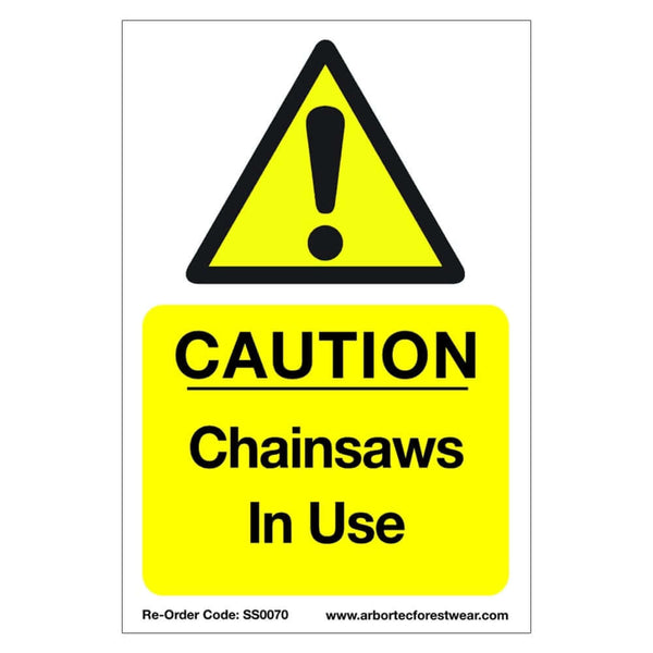 Correx safety sign warning "Caution Chainsaws In Use" for tree surgeons, promoting workplace safety.