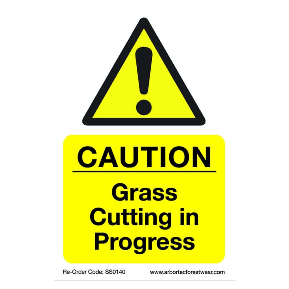 Correx safety sign reading 'CAUTION Grass Cutting in Progress' for tree surgeons, durable and weatherproof.