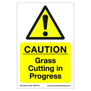 Correx safety sign reading 'CAUTION Grass Cutting in Progress' for tree surgeons, durable and weatherproof.